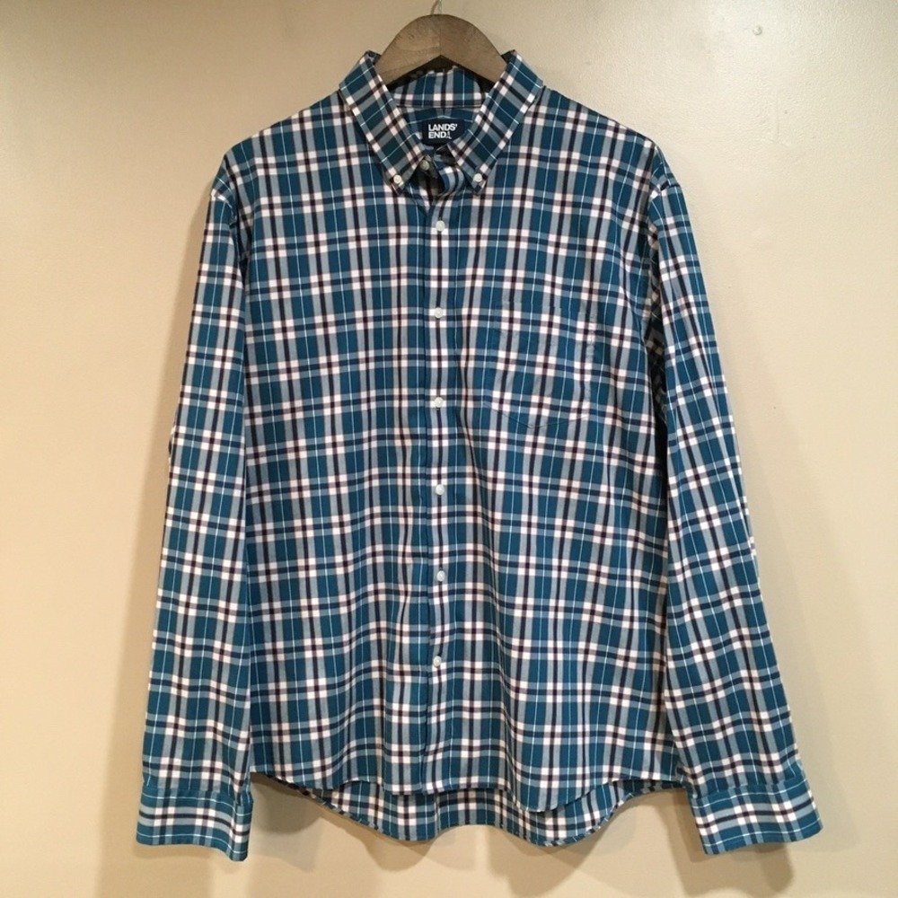 Lands End Tailored Fit Plaid Button Up Shirt Mens XL Teal Blue Preppy Classic